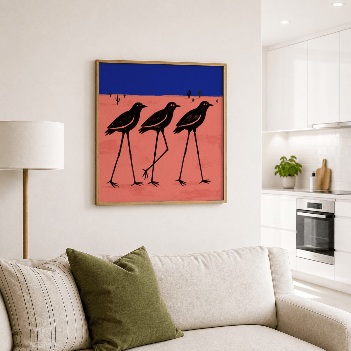 Modern illustration of long-legged birds arranged in a row on a flat horizon