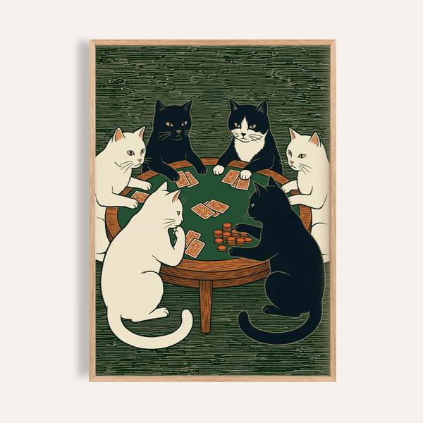 Cat Poker Art Print with Green, Black, and White colors for living room wall art