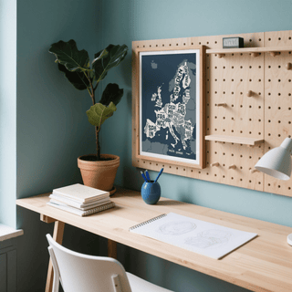 Europe Map Print with modern typography, blue and beige for hallway décor