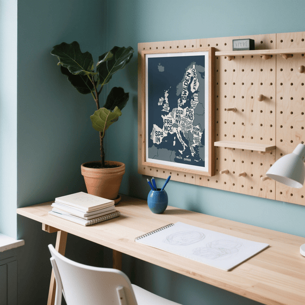 Europe Map Print with modern typography, blue and beige for hallway décor