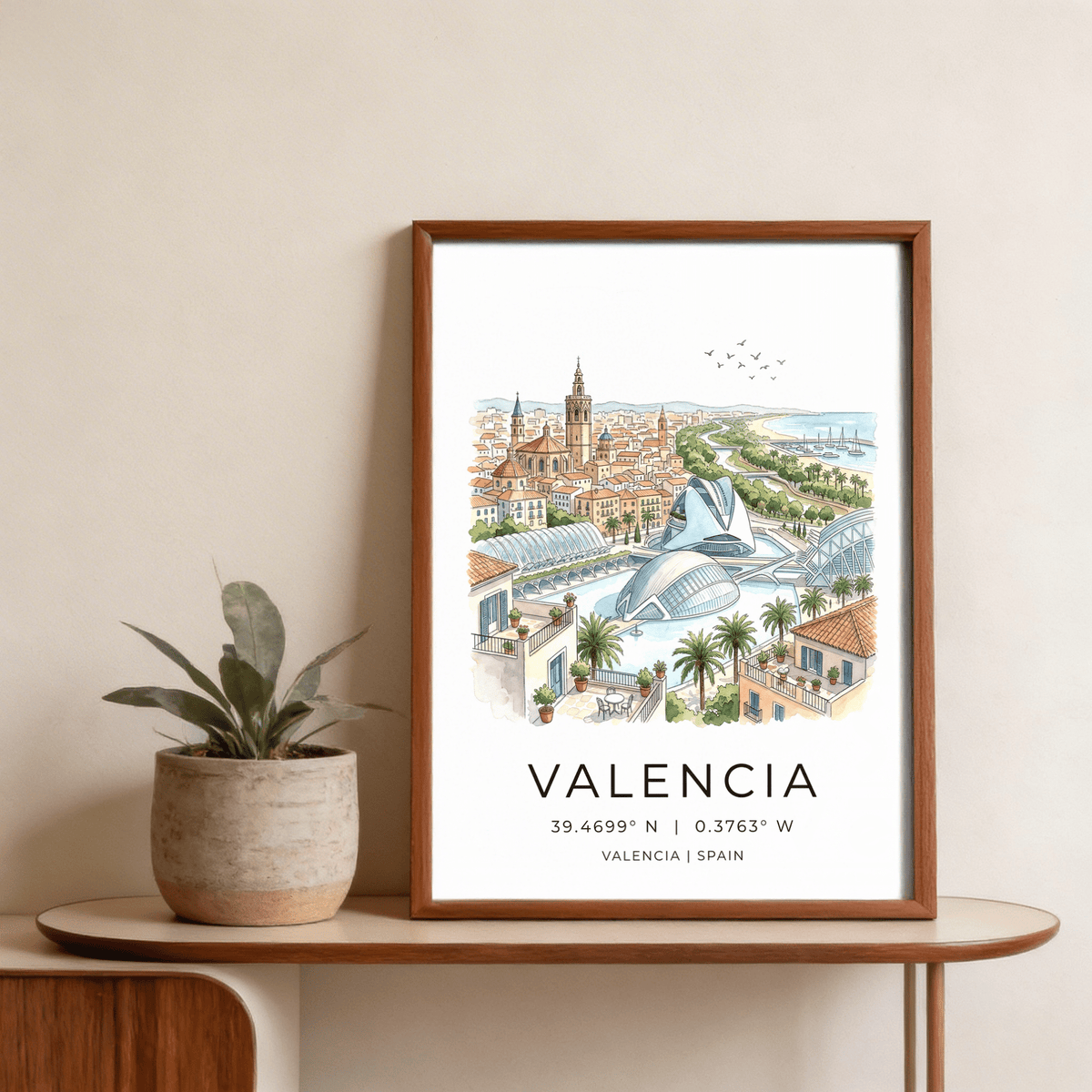 Spanish Landscape Poster of Valencia with futuristic cultural complex and river scene