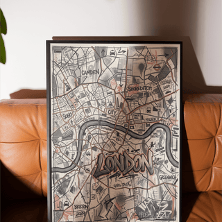 Angled London City Map Wall Art print displaying bold LONDON typography