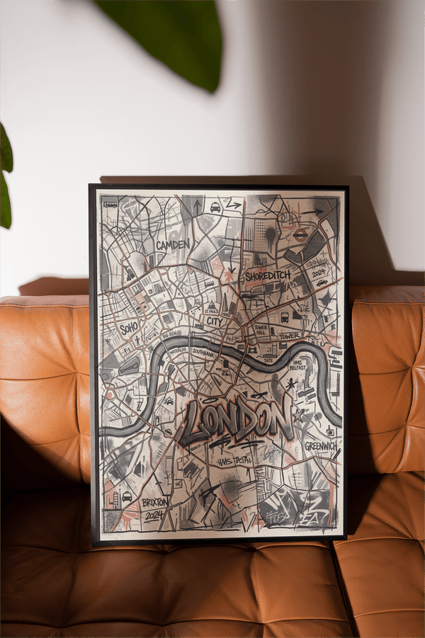 Angled London City Map Wall Art print displaying bold LONDON typography