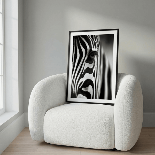 Wildlife Photography Poster showing detailed zebra eye and lashes