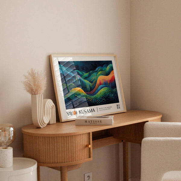 Unique horizontal abstract art featuring dots, waves, and color harmony