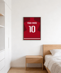 Minimal football shirt wall art print showing jersey-back silhouette with YOUR NAME and number 10