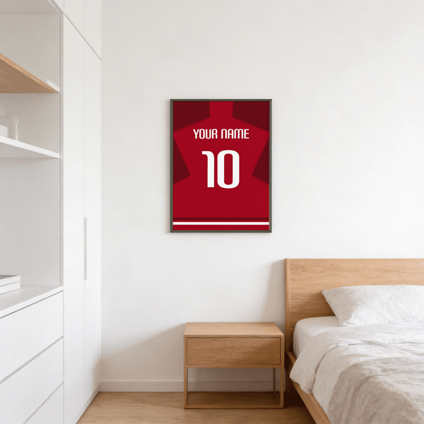 Minimal football shirt wall art print showing jersey-back silhouette with YOUR NAME and number 10