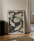 Japanese Koi Carp Art wall art print with Yellow lotus, ideal for tranquil spaces