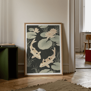 Japanese Koi Carp Art wall art print with Yellow lotus, ideal for tranquil spaces
