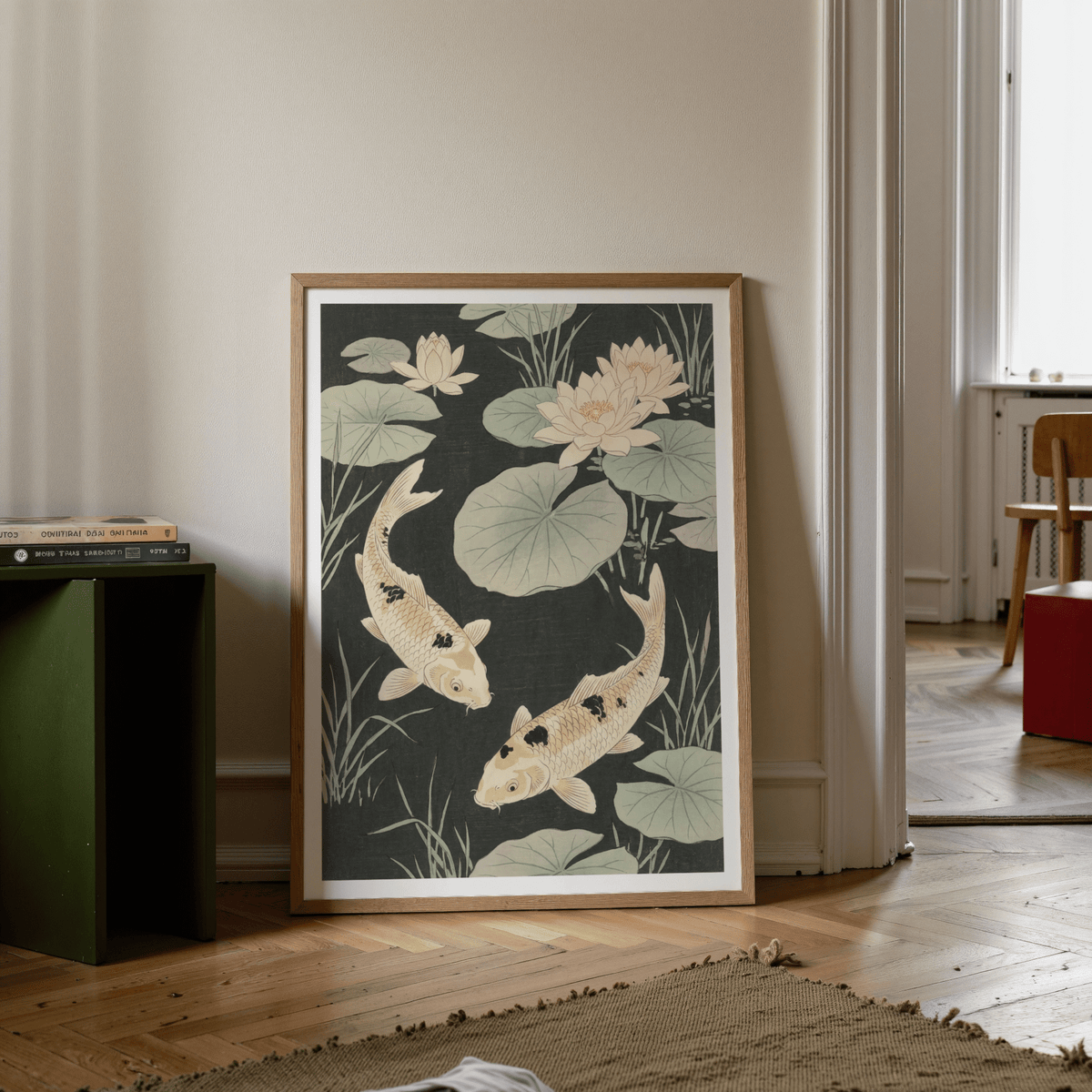 Japanese Koi Carp Art wall art print with Yellow lotus, ideal for tranquil spaces