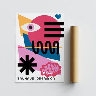 Maximalist wall art in vibrant pink, yellow, and blue hues