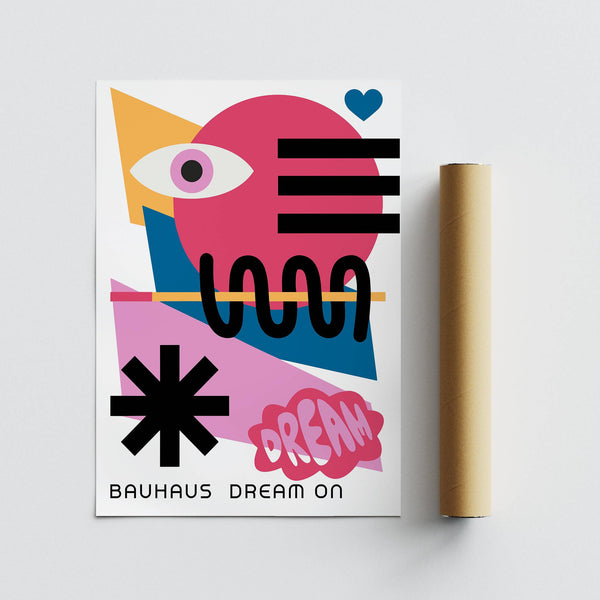 Maximalist wall art in vibrant pink, yellow, and blue hues