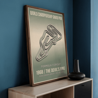 Depicting a vintage Grand Prix poster, Formula 1 Circuit Art Print with a central circuit outline and 1968 event lines