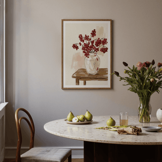 Modern still life illustration of glass vase holding arcing red berries