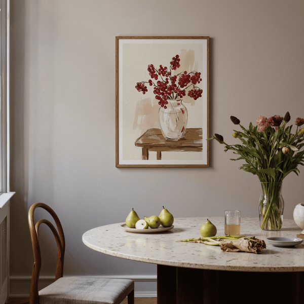 Modern still life illustration of glass vase holding arcing red berries