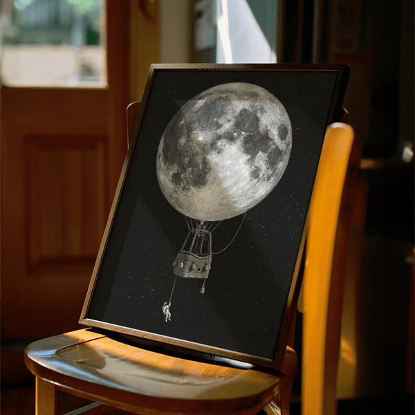 Moon Hot Air Balloon Art black and white poster for office inspiration