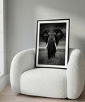 Black and White Elephant Print wall poster showing textured skin and curved ivory tusks