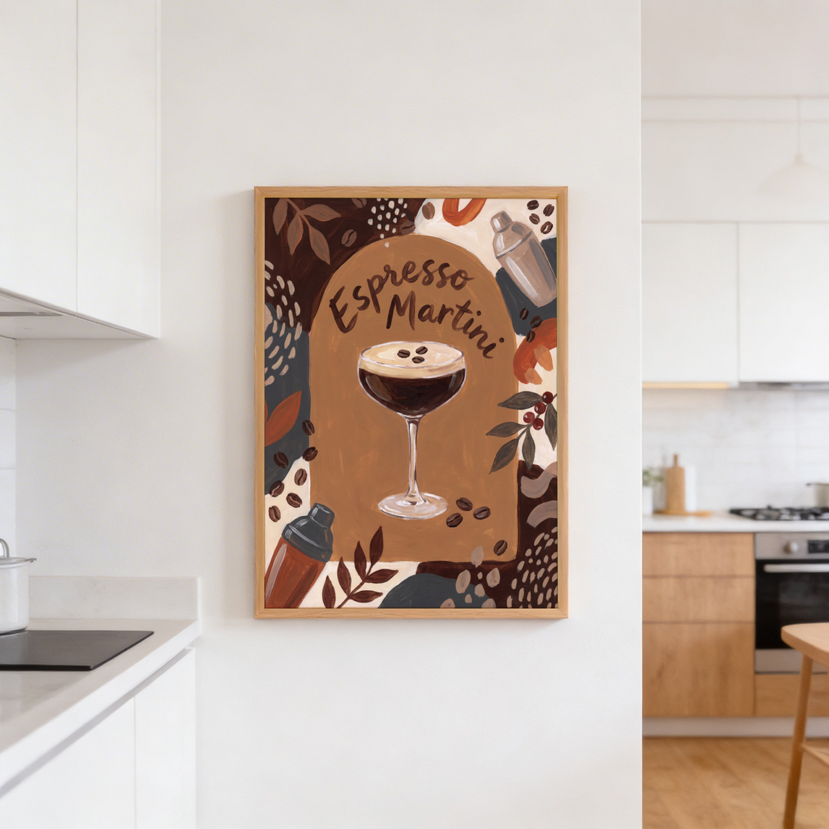 Hand-lettered Espresso Martini Wall Art with arched title and central coupe glass