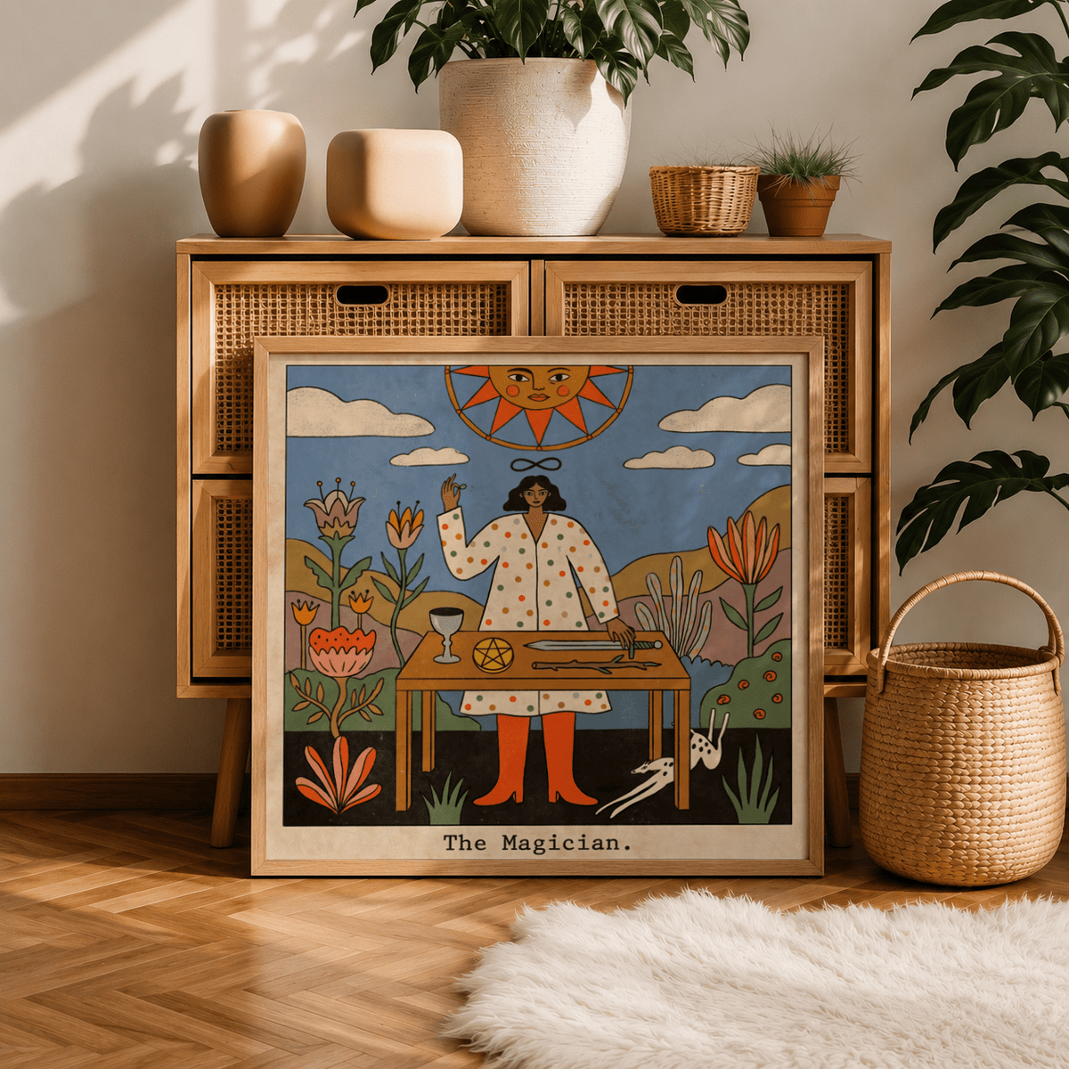Tarot Magician Wall Art print photographed flat against neutral background
