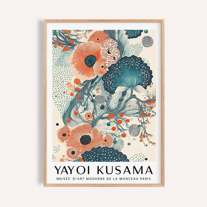Abstract floral poster in teal and orange with dotted textures for modern living rooms