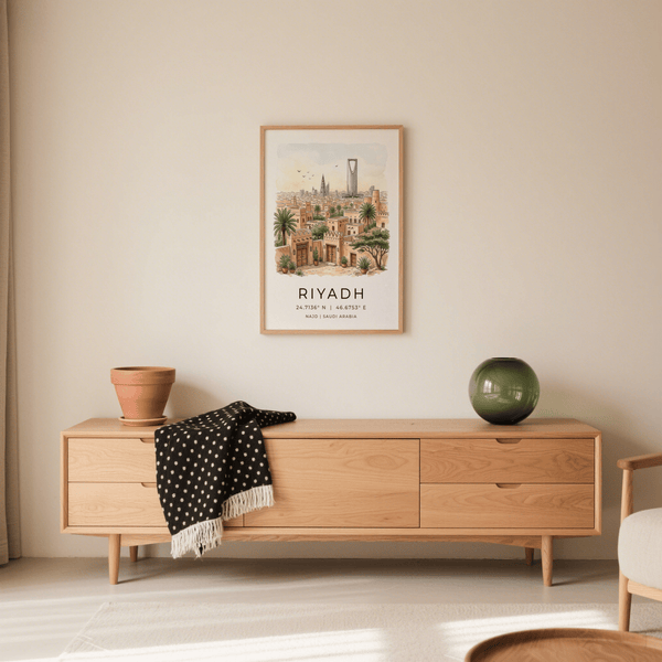 Riyadh Cityscape Wall Art featuring watercolor skyline, palms, and location coordinates