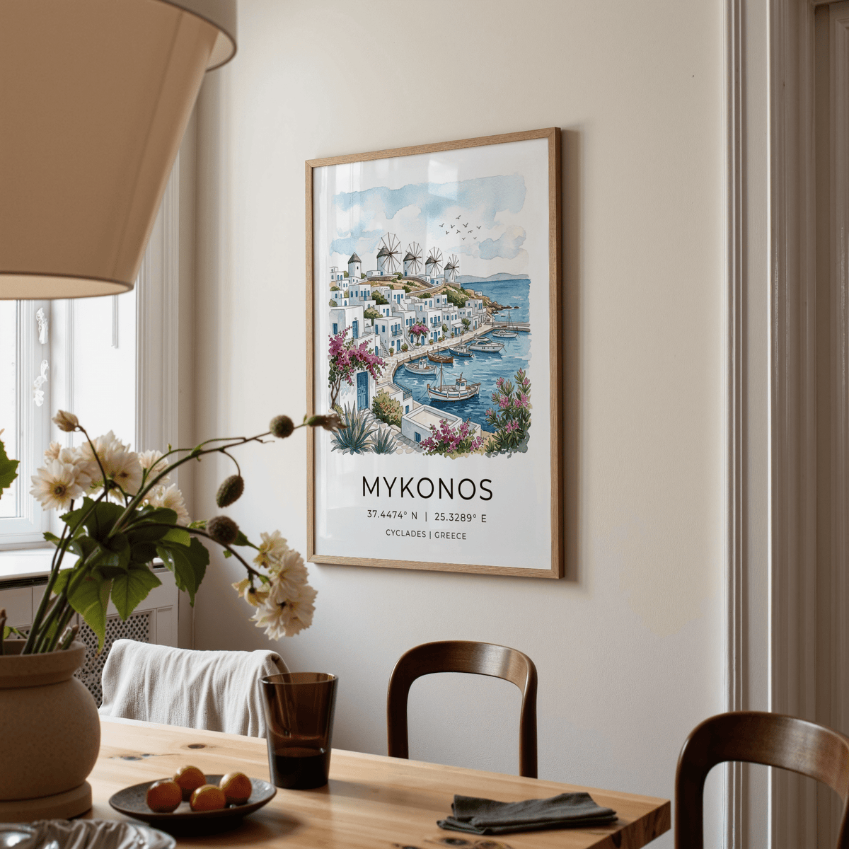 Typography Mykonos Art Print with MYKONOS title, coordinates, and Cyclades Greece text