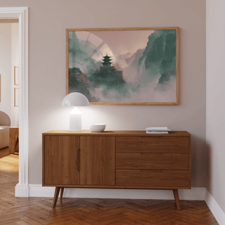 Misty Mountain Temple Art as wall art print, Beige, Green, Pink colors for reading nook