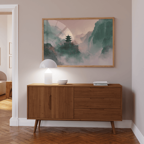 Misty Mountain Temple Art as wall art print, Beige, Green, Pink colors for reading nook