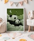 Panda Nursery Wall Art, Green clouds, playroom art print