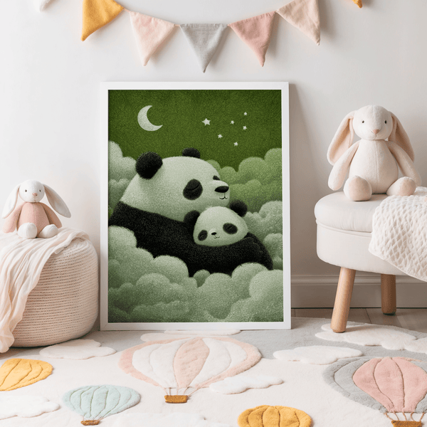 Panda Nursery Wall Art, Green clouds, playroom art print