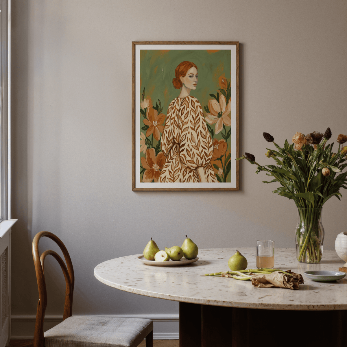 Floral Girl Illustration wall art, beige dress on green background, fits home office