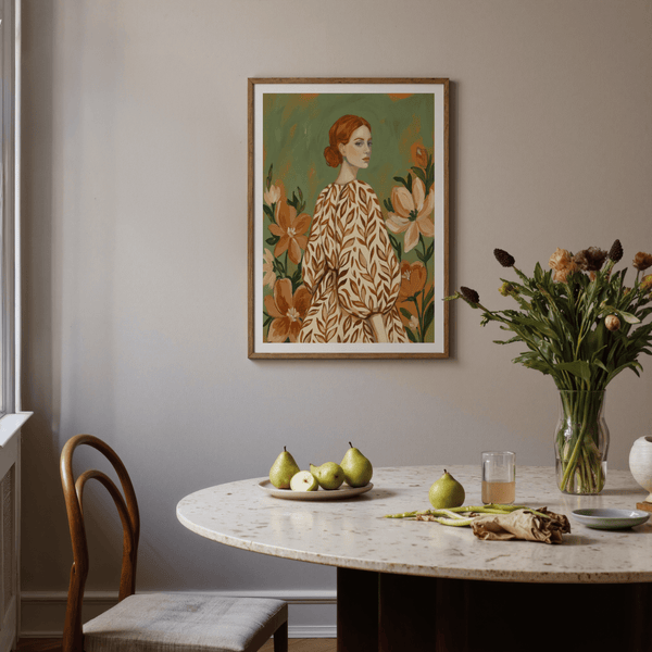 Floral Girl Illustration wall art, beige dress on green background, fits home office