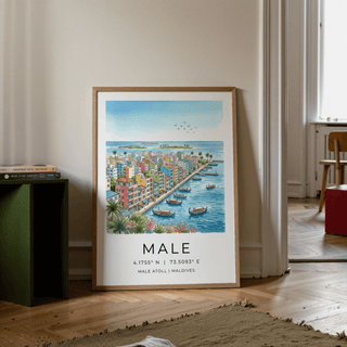Travel map-style Maldives City Art Print with “MALE” text and coordinates poster
