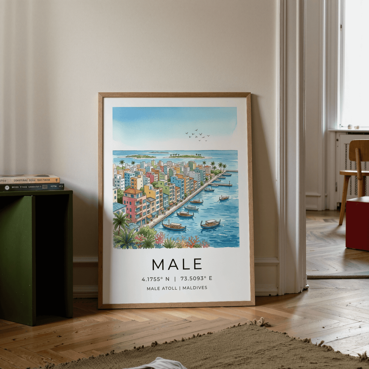 Travel map-style Maldives City Art Print with “MALE” text and coordinates poster