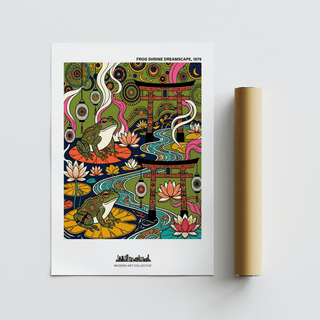 Displaying lotus flowers, torii gates, and two frogs, Japanese Frog Art Print wall art poster
