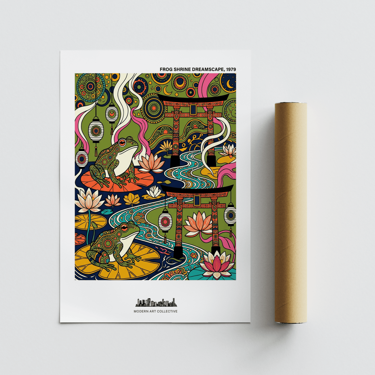 Displaying lotus flowers, torii gates, and two frogs, Japanese Frog Art Print wall art poster