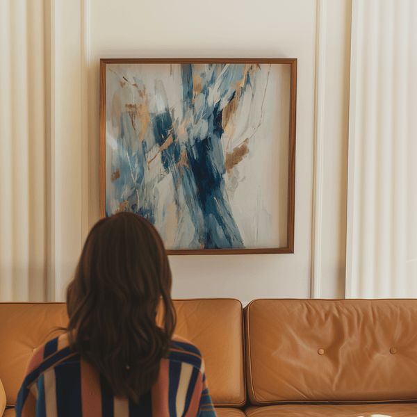 Abstract Blue Wall Art print featuring blue tones and gold for office décor