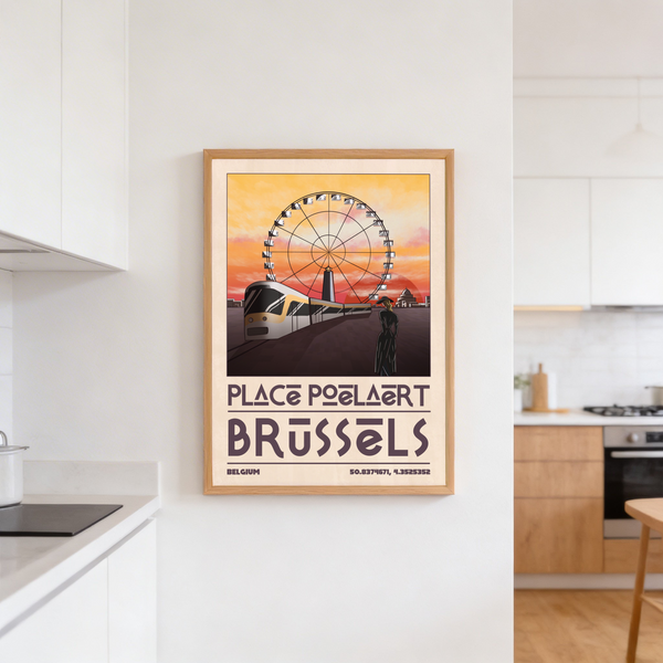 Minimalist Belgian city artwork with typographic Place Poelaert headline