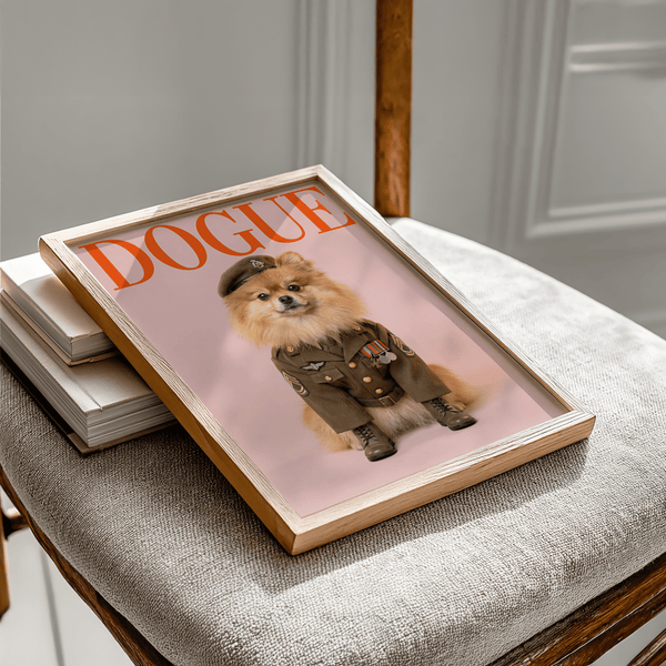 Military Dog Wall Art in green jacket, pink background, nursery poster