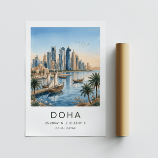 Modern travel wall art print depicting Doha waterfront and towers