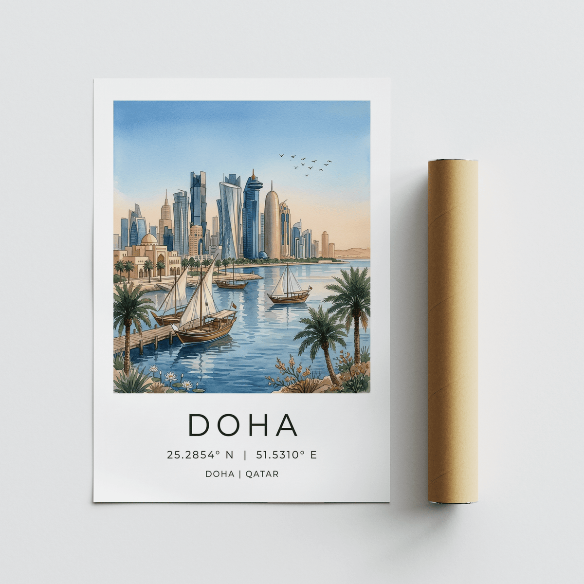 Modern travel wall art print depicting Doha waterfront and towers