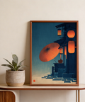 Japanese Night Scene Wall Art showing paper umbrella and lantern glow