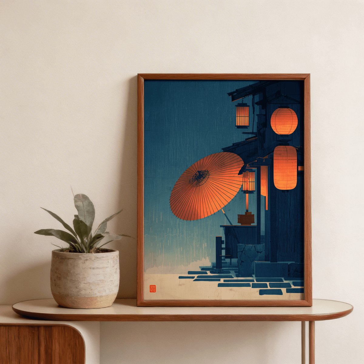 Japanese Night Scene Wall Art showing paper umbrella and lantern glow