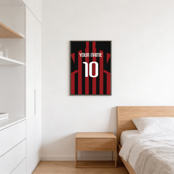 Centered jersey-back wall art showing YOUR NAME text above big 10 on striped shirt design