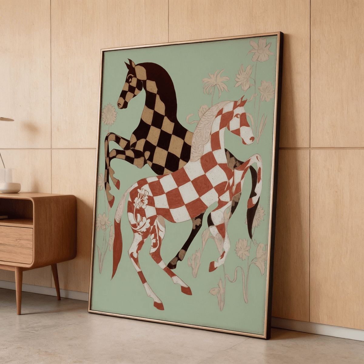 Side profile of Vintage Horse Art Print showing overlapping horses with checkerboard pattern