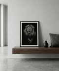 Moody lion wall art print featuring mane detail and dark negative space