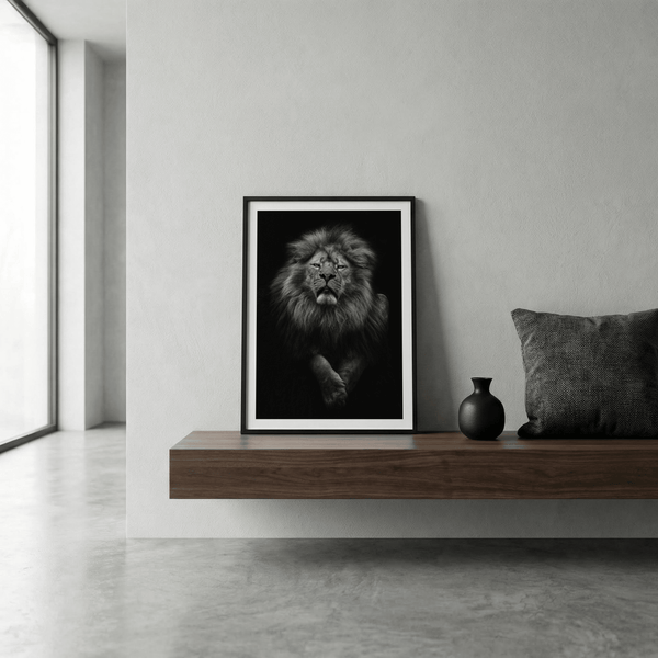Moody lion wall art print featuring mane detail and dark negative space