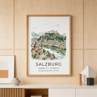 Cathedral domes and clustered rooftops overlooking Salzach River in watercolor style