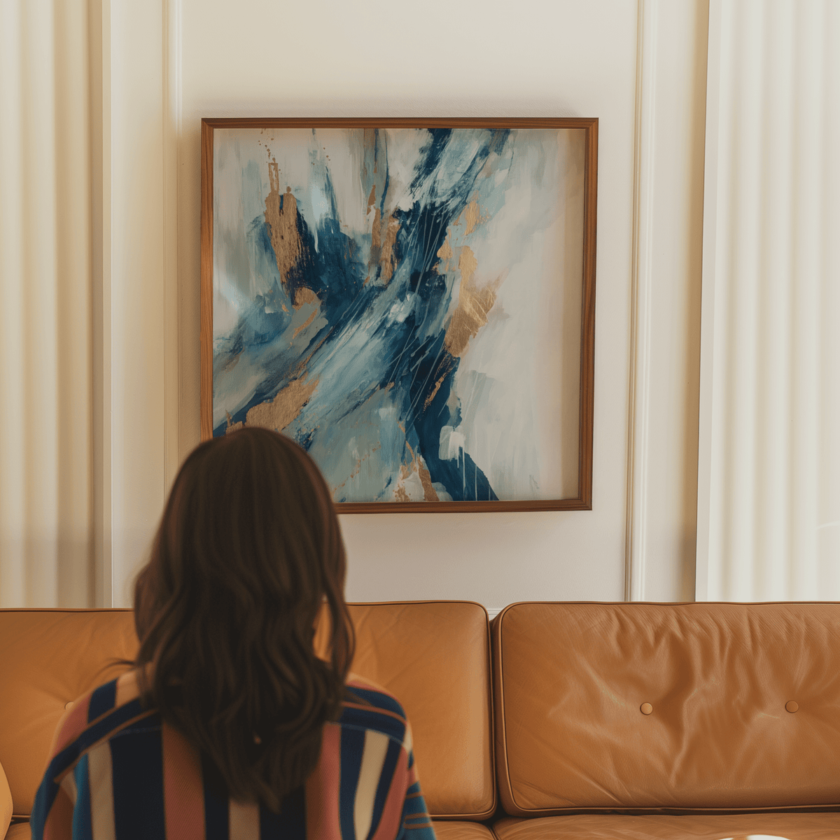 Blue Abstract Wall Art featuring bold blues and golds for bedroom wall display