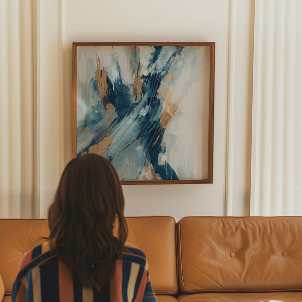 Blue Abstract Wall Art featuring bold blues and golds for bedroom wall display